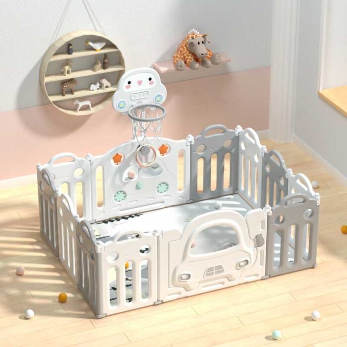 Бебешка ограда с баскетболен кош и табло с активности - Сива кола - Image 2