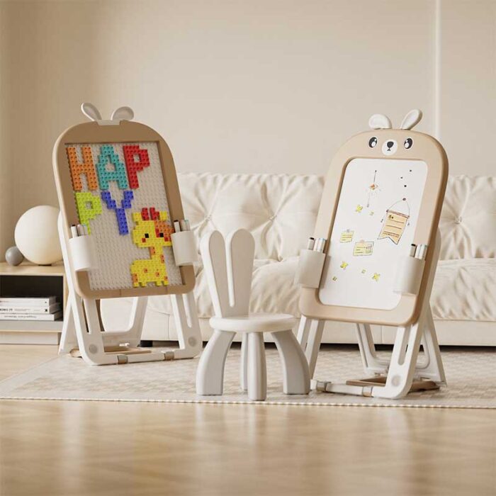 Детска дъска 2 в 1 с конструктор 60 части и стол, Кафяво зайче - Image 2