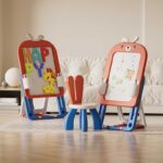 Детска дъска 2 в 1 с конструктор 60 части и стол, Червено зайче