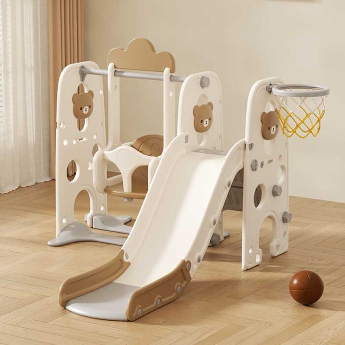 Детска пластмасова пързалка с люлка и баскетболен кош, Кафяво мече - Image 2