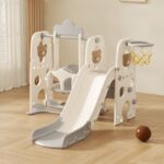 Детска пластмасова пързалка с люлка и баскетболен кош, Сиво мече