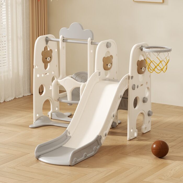 Детска пластмасова пързалка с люлка и баскетболен кош, Сиво мече - Image 2